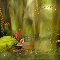 a digital painting of a forest with flowers and a squirrel sitting on a tree stump