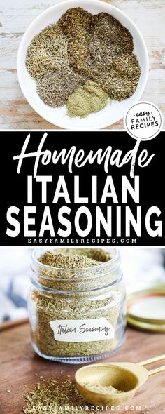 homemade italian seasoning recipe in a jar with spoons on the side and text overlay