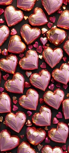 many shiny pink hearts on a black background