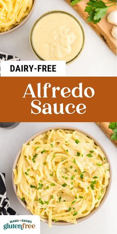 a bowl filled with alfredo sauce next to two bowls full of pasta and parsley