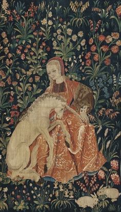 an old tapestry with a woman holding a dog