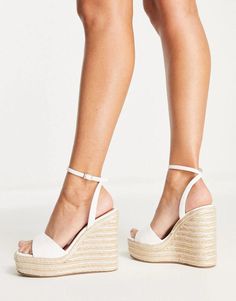 Wedges.by.ASOS DESIGN.Level up.Pin-buckle ankle strap.Peep toe.Rope midsole.Platform sole.High wedge heel.Wide fit.Product Code: 109693804 White Espadrille Heels For Summer, White Wedge Sandals With Ankle Strap And Buckle Closure, White Ankle Strap Wedge Sandals With Buckle Closure, White Wedge Sandals With Buckle Closure, White Trendy Ankle Strap Wedge Sandals, Trendy White Ankle Strap Wedge Sandals, White Espadrille Wedge Sandals For Spring, White High Heel Espadrilles For Summer, White High Heel Espadrilles For Spring