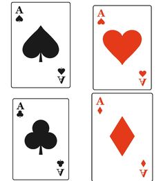 four playing cards with hearts and spades