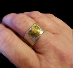 Custom Fingerprint Ring Sterling Silver W/24k Gold Plate in - Etsy Unique Mothers Rings, Fingerprint Heart, Fingerprint Ring, Mother Rings, Memorial Jewelry, Hammered Silver, Ring Finger, Wide Bands, Fine Silver