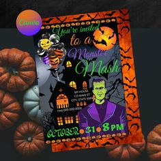 a halloween party flyer with pumpkins and decorations on the table in front of it