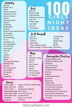 a poster with the words 100 girls night ideas