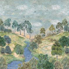 a painting of a river running through a lush green field with trees on both sides