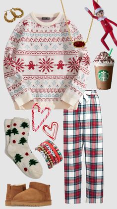 an image of christmas clothes and accessories for the holiday season, including sweaters, boots, coffee cup, candy cane