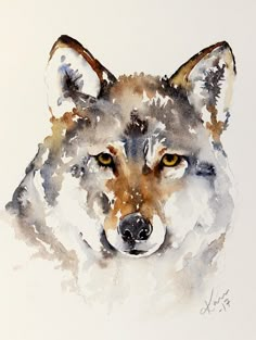 a painting of a wolf's head with yellow eyes and brown fur, on a white background