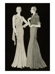 In Douglas Pollard's watercolor and gouache image, which appeared in the January 15, 1933, Vogue, two women both sport marcelled waves with their slim, Mainbocher gowns, one in matte and glossy white satin pieced into sunray panels, and the other in black chiffon with a ruffled wrap and a faille train. 30s Fashion, 20th Century Fashion, 1930s Fashion, January 15, Vintage Glam, Art Dress, Wedding Dresses Vintage, Fashion History, Fashion Sketches