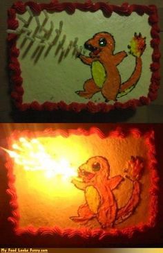 two cakes decorated with cartoon characters on them, one is yellow and the other is red