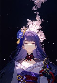 an anime character with long purple hair and blue eyes is standing in front of flowers