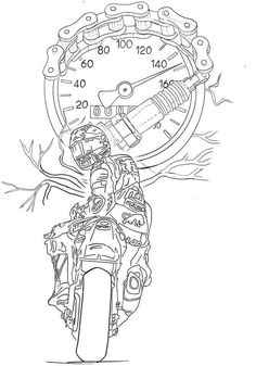 a drawing of a motorcyclist on a motorcycle with speedometer in the background