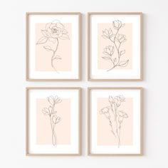 four framed art pieces with flowers on them in beige and pink frames against a white wall