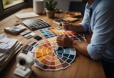 a man is sitting at a table with some paint samples and color swatches on it