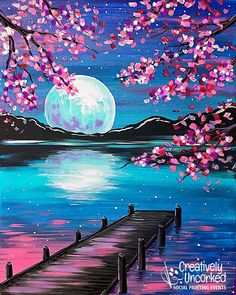 a painting of a pier with pink flowers on it and a full moon in the background