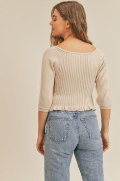 Rib Knit Top Ruffle hem detail 3/4 sleeve Square neckline. This item is available for shipping only. Store pickup currently not available. Square Neck Sweater, Cool Jeans, Rib Knit Top, Layered Fashion, Ribbed Knit Top, Ribbed Texture, Knit Crop Top, Knit Crop, Square Necklines