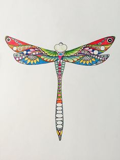 a drawing of a colorful dragonfly on white paper