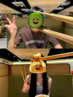 a woman holding chopsticks with food on top of her head in front of a man