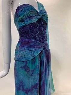 For Sale on 1stDibs - A beautiful 1990s Couture Michael Casey purple turquoise and aqua tie-dyed silk chiffon and beaded royal purple Belgian lace. Structured and boned bodice 1990s Couture, Belgian Lace, Goddess Gown, Boned Bodice, Purple Turquoise, Dyed Silk, Dress Inspiration, Silk Dyeing, Royal Purple