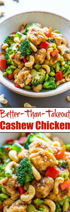 a bowl filled with cashew chicken and broccoli next to another bowl full of cashew chicken