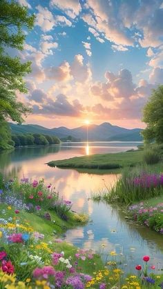 a painting of a beautiful sunset over a lake with wildflowers in the foreground