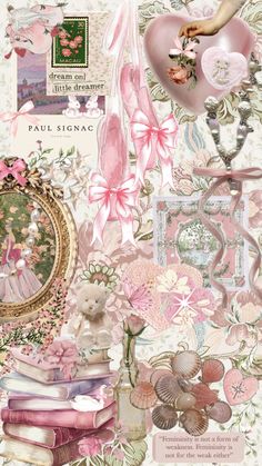 a collage of pink and white images with hearts, flowers, books, and other items