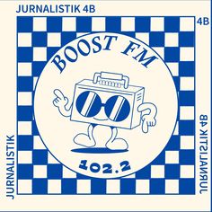 a blue and white label with an image of a cartoon character