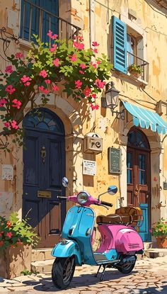 a pink and blue scooter parked in front of a building with flowers on it