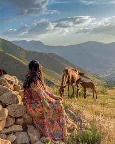 a woman sitting on top of a rock wall next to horses