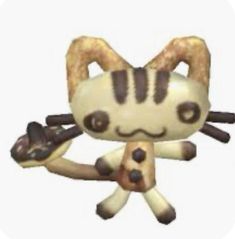 a cartoon cat with donuts in it's mouth and eyes, holding onto a piece of bread