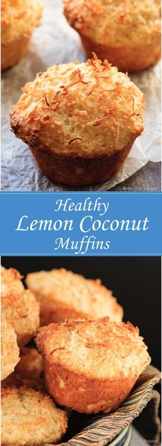 healthy lemon coconut muffins on a plate with the title above it in blue and white