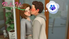 an animated image of a couple kissing in front of a baby life sign with the words baby life above them