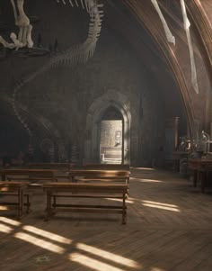 an old church with wooden pews and skeletons on the walls