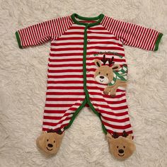 Little Me Newborn Button-Up Pajama Style: Red And White Stripes With Green Lining And Reindeer Print; Footed With Adorable Reindeer Head Materials: 100% Cotton Condition: Like New (Never Worn But Washed) Newborn Pajamas, Pajama Style, Button Up Pajamas, Reindeer Head, My First Christmas, Christmas Travel, Kids Pajamas, Christmas Pajamas, Red And White Stripes