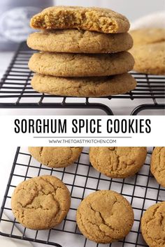 cookies cooling on a wire rack with the words sorghum spice cookies above them