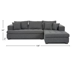 the sectional sofa is shown with pillows on it and measurements for each piece of furniture