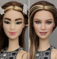 two dolls with long hair and flowers in their hair, one is wearing green eyeshades