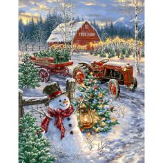 a painting of a snowman next to a christmas tree in front of a red barn