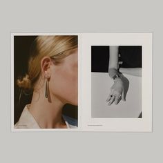 an open book with two pictures of hands and one woman's hand wearing earrings