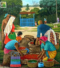 an oil painting of people working on baskets