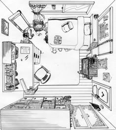 a black and white drawing of a bedroom