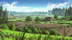 an anime scene with farm land and trees