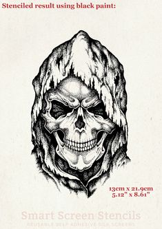 a black and white drawing of a skull wearing a hood with the words stenciled results using black paint