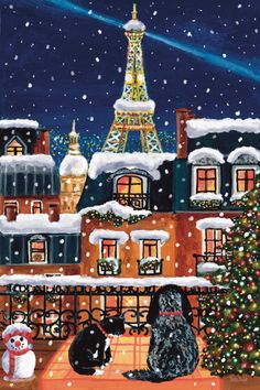 Paris Snow Christmas Eiffel tower Houses Paris Drawing, Paris Illustration, Paris Painting, French Christmas, Winter Illustration, Christmas Illustrations, Art Design Inspiration, Christmas Drawing, Christmas Paintings