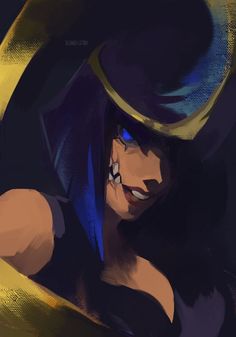 a digital painting of a woman with blue hair wearing a black hat and gold trim