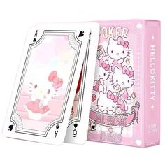 two playing cards with hello kitty on the front and back, both in pink packaging