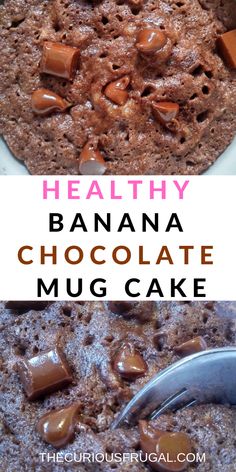 healthy banana chocolate mug cake recipe for breakfast or brunch with milk and nutella