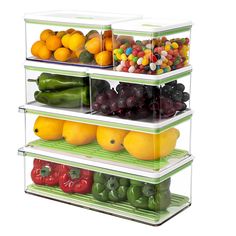 three shelves filled with different types of fruits and vegetables