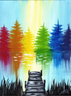 a painting of a dock leading to a rainbow forest